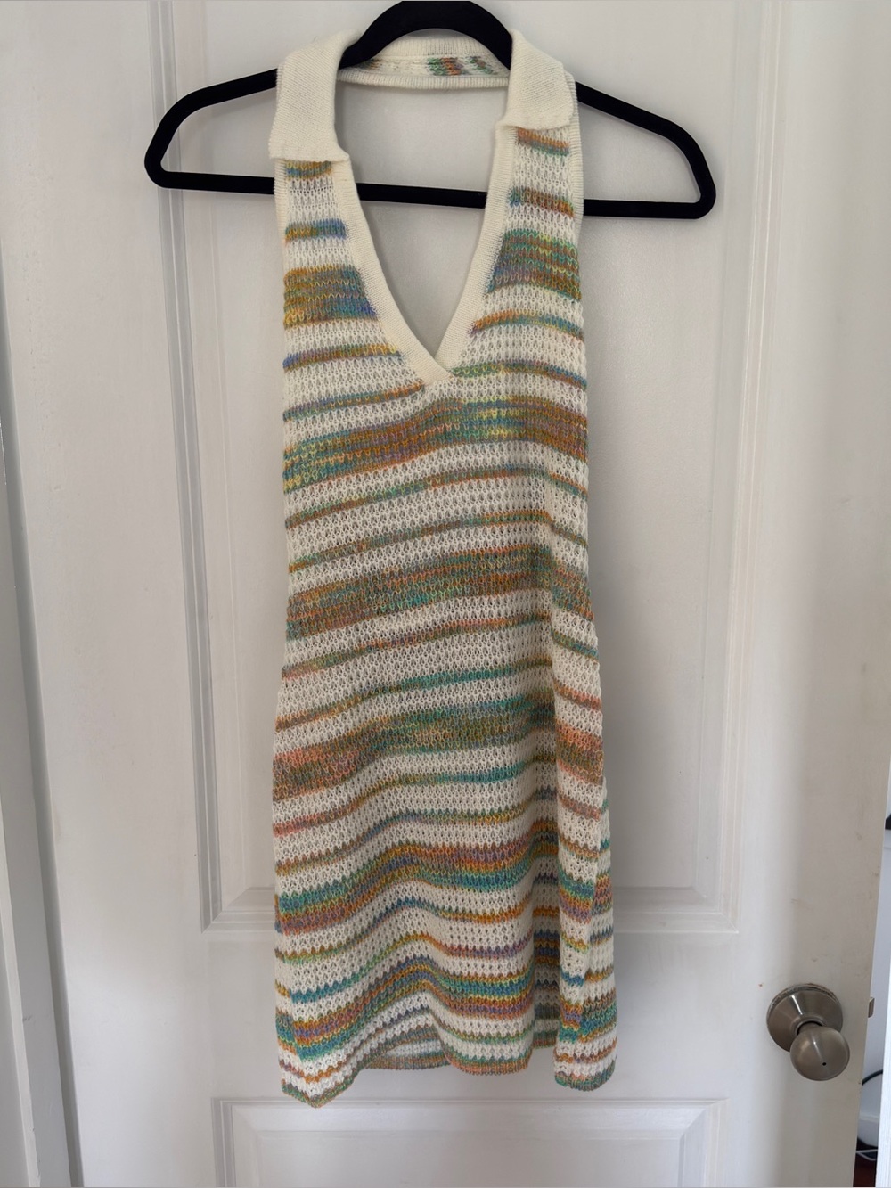 CROCHET HALTER MINI DRESS OPEN BACK STRIPED KNIT BOHO MEDIUM